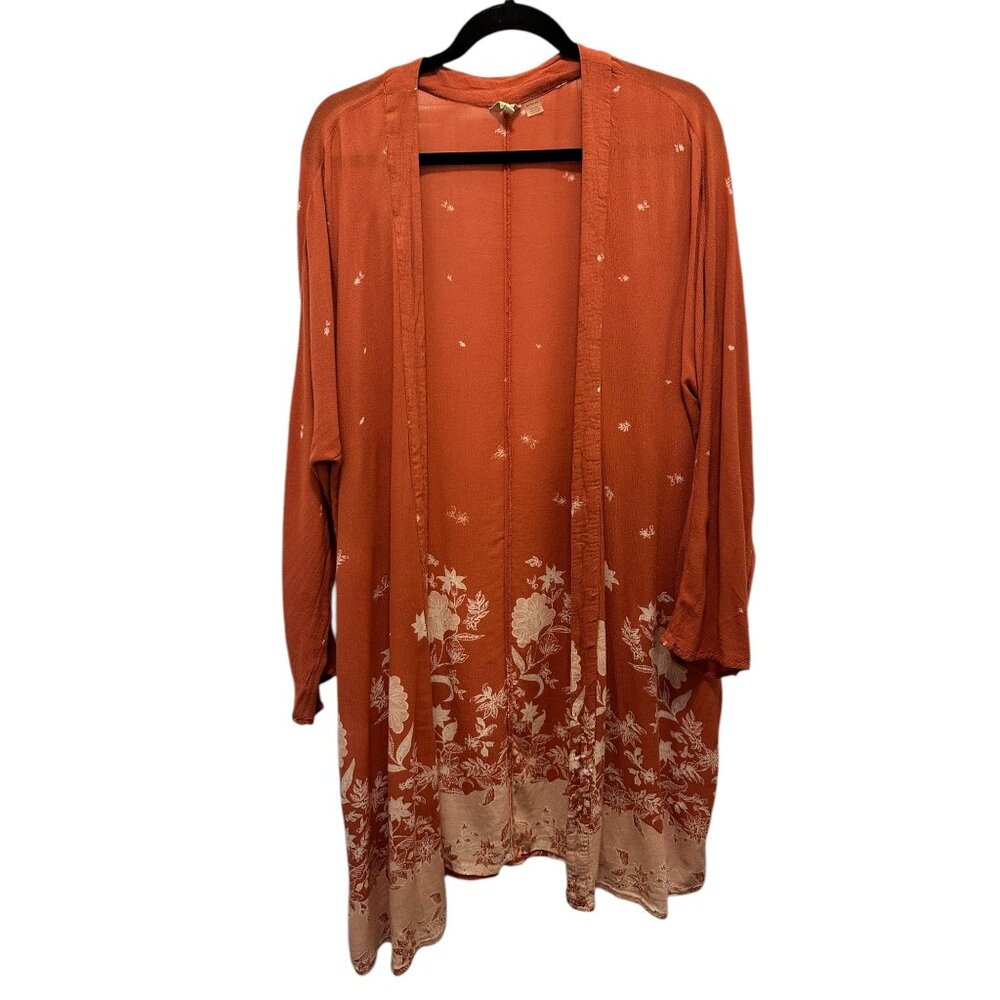 Roxy Womens Floral Open-Front Kimono Cardigan M/L Rust Orange & White Lightweigh